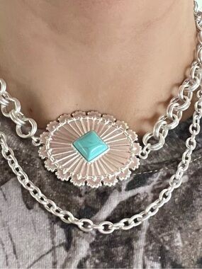 Free People Silver toned Statement Necklace with Turquoise Accent